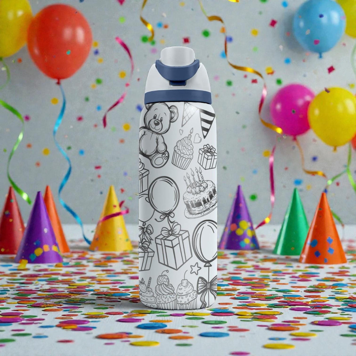 Birthday Engraved Owala Bottle – Teddy Bear, Cupcake and Party Pattern – Celebration Gift Stainless Steel Cup 16oz 24oz 32oz 40oz  ⸻