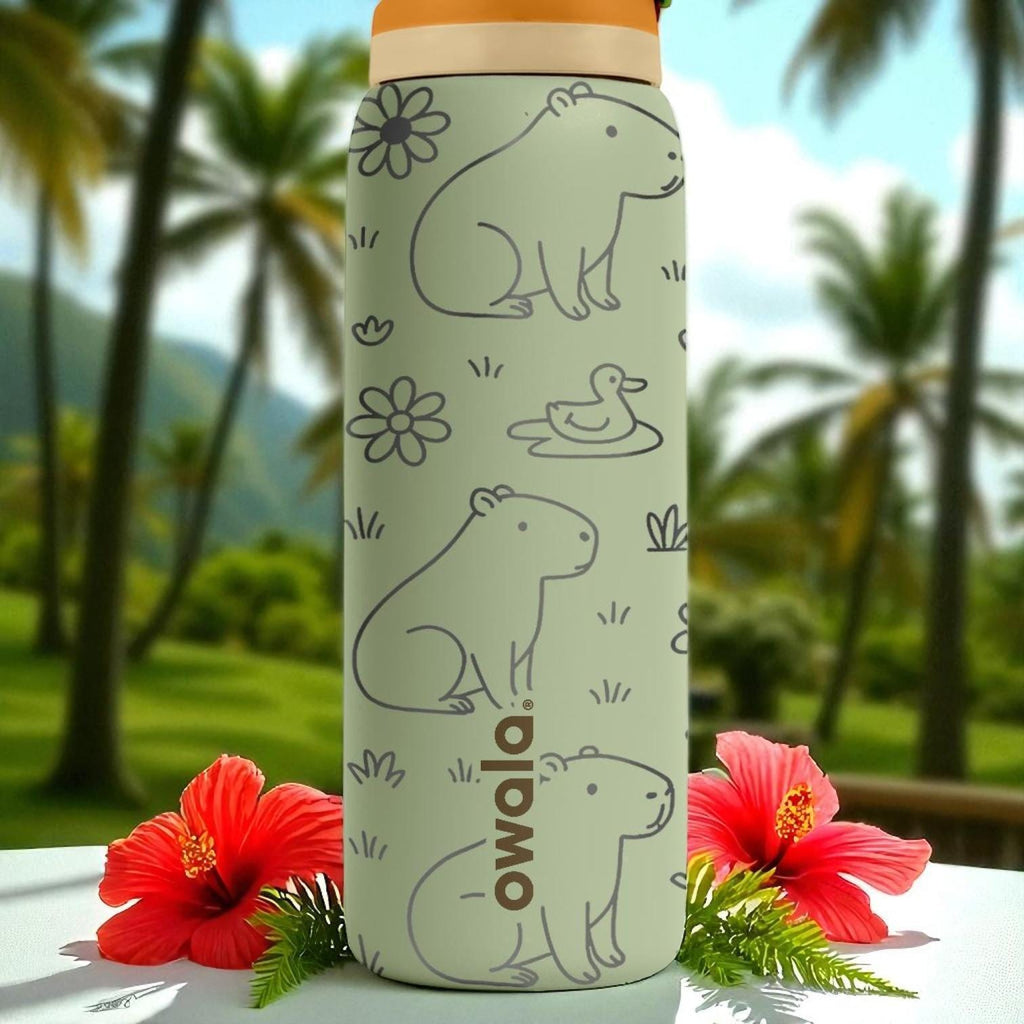 Engraved Capybara Water Bottle – Cute Owala Tumbler with Flowers and Ducks – 16oz 24oz 32oz 40oz Gift for Animal Lovers