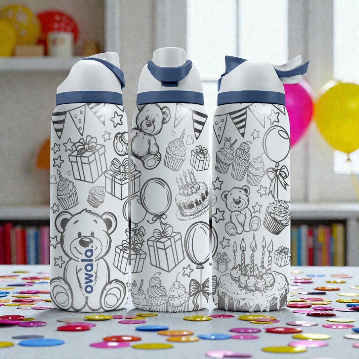 Birthday Engraved Owala Bottle – Teddy Bear, Cupcake and Party Pattern – Celebration Gift Stainless Steel Cup 16oz 24oz 32oz 40oz  ⸻