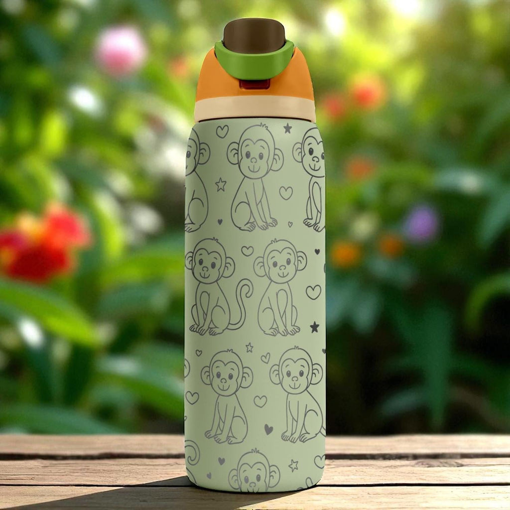Engraved Monkey Water Bottle – Cute Owala Tumbler with Jungle Vibes and Hearts – 16oz 24oz 32oz 40oz Gift for Kids and Animal Lovers