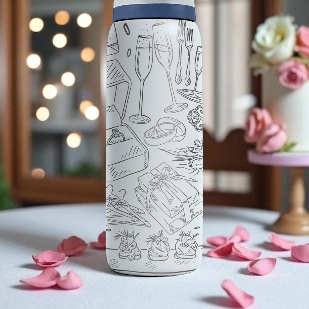 Wedding Theme Owala Bottle – 16oz 24oz 32oz 40oz Engraved Bride Gift – Rings Champagne Cake Cup – Romantic Engagement Drinkware