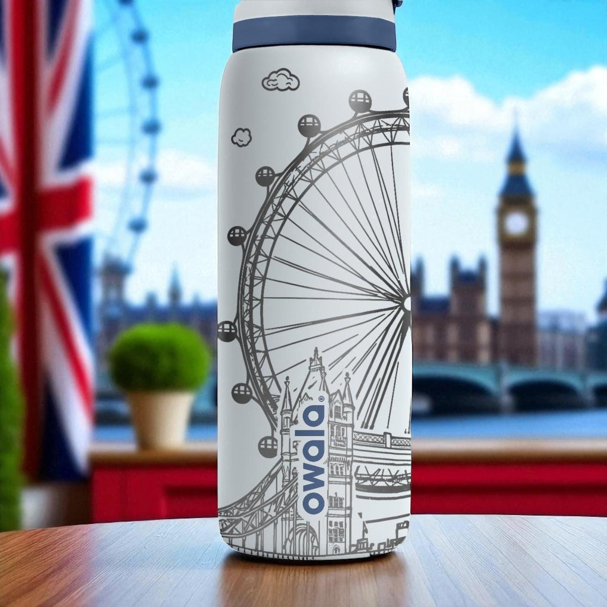 Engraved London Tumbler – Owala Water Bottle with Big Ben and Eye Design – British Landmark Cup – 16oz 24oz 32oz 40oz