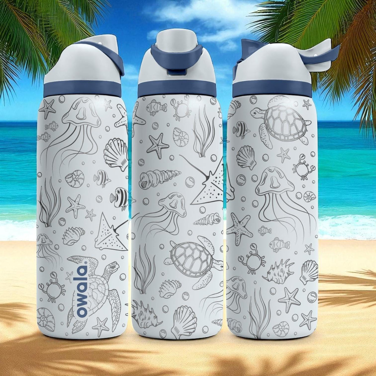 Ocean Creatures Engraved Owala Tumbler – Jellyfish, Turtle and Shells – Beach Gift Idea – 40oz 32oz 24oz Bottle
