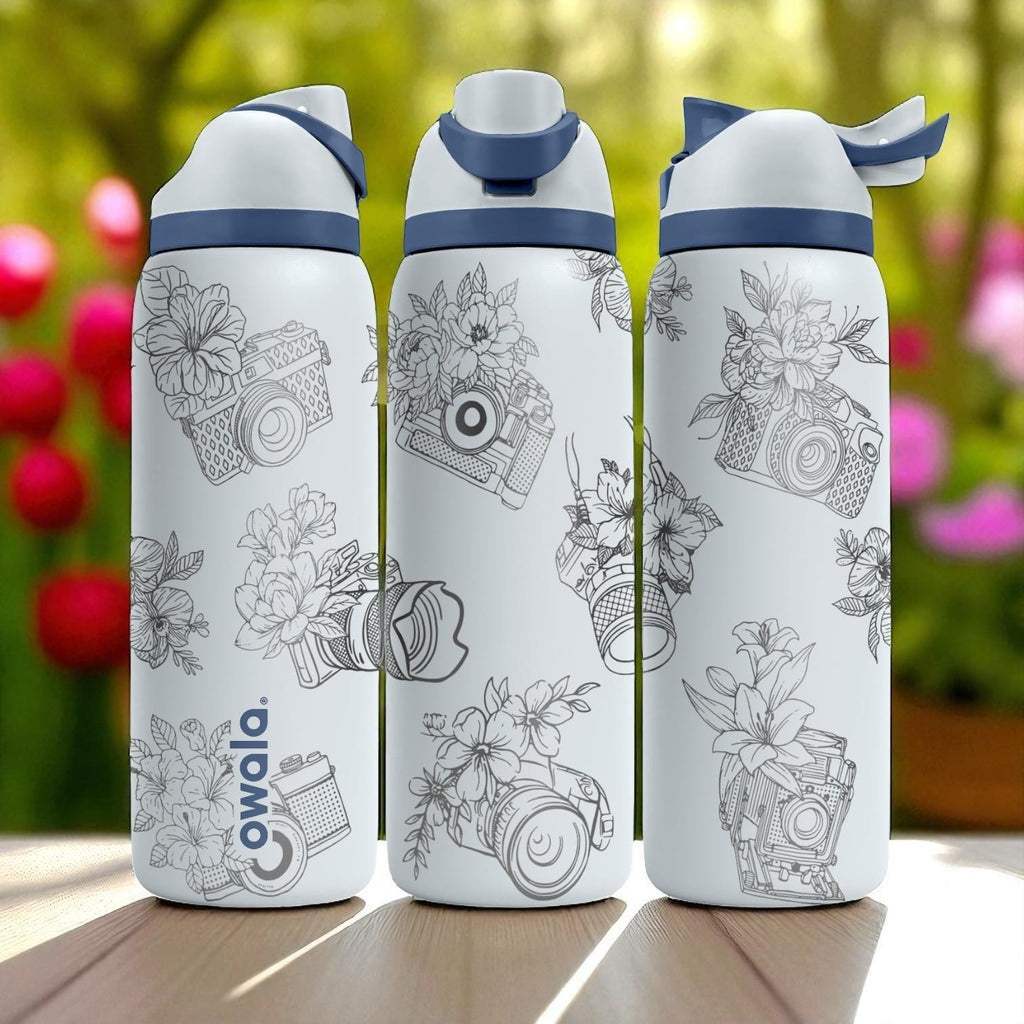 Floral Camera Engraved Owala Tumbler – 16oz 24oz 32oz 40oz FreeSip Cup with Vintage Photography Wrap – Gift for Photographers