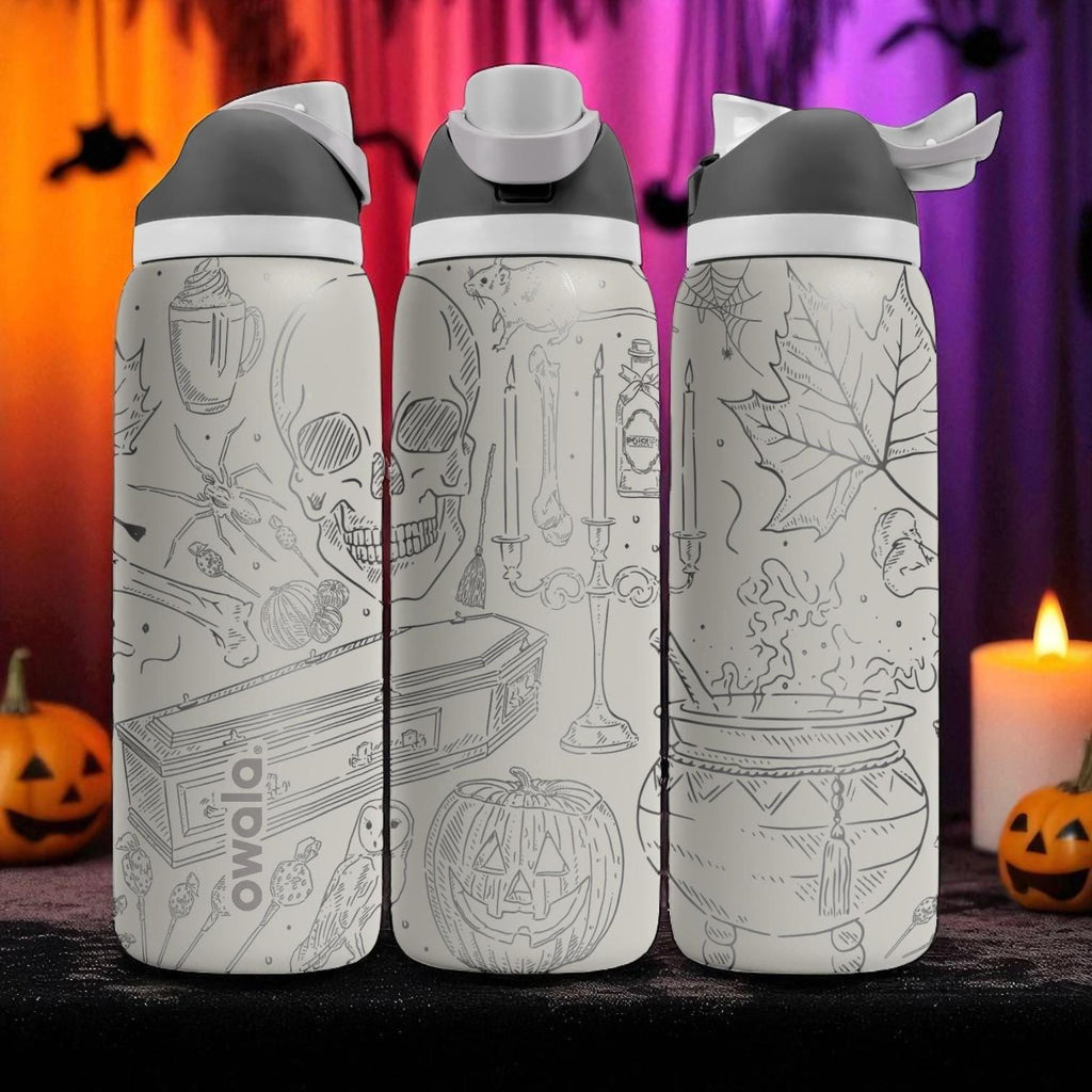 Engraved Halloween Tumbler – Owala Bottle with Spooky Skull and Pumpkin Design – Laser Engraved – 40oz 32oz 24oz 16oz