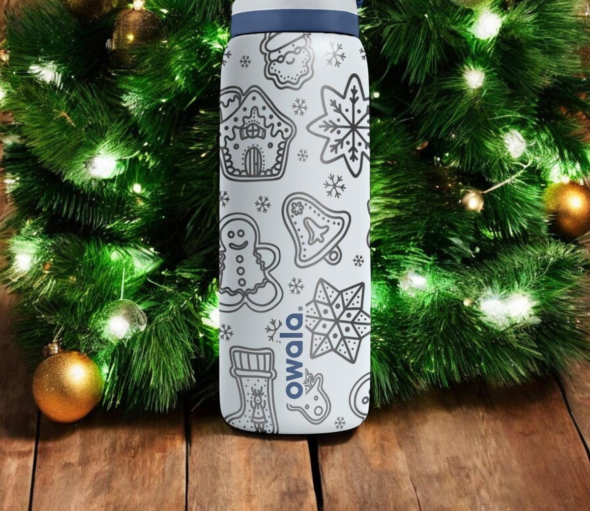 Gingerbread Engraved Owala Bottle – Cute Christmas Cookie Pattern – Holiday Gift Stainless Cup 16oz 24oz 32oz 40oz