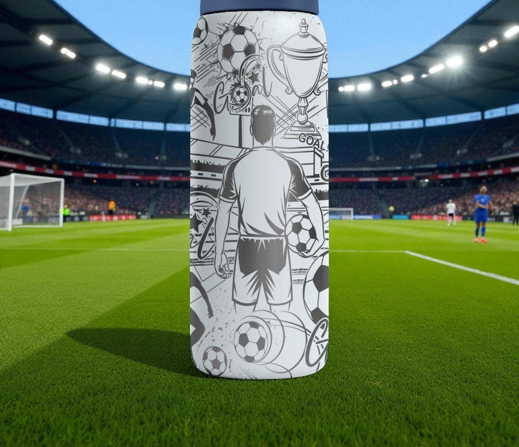 Soccer Action Engraved Owala Bottle – Player Silhouettes, Goal Net & Trophy Pattern – Sports Gift Stainless Cup 16oz 24oz 32oz 40oz  ⸻
