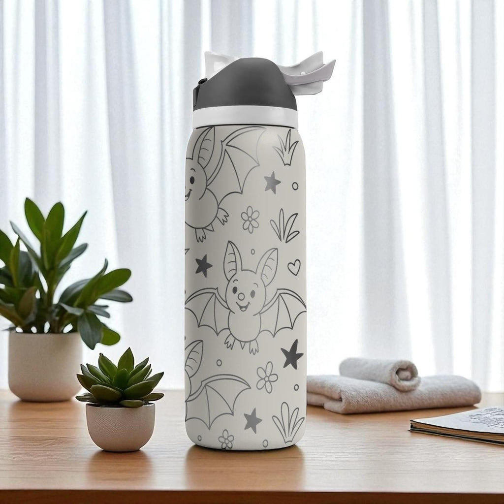 Engraved Bat Water Bottle – Cute Halloween Owala Tumbler with Stars and Flowers – 16oz 24oz 32oz 40oz Spooky Season Gift
