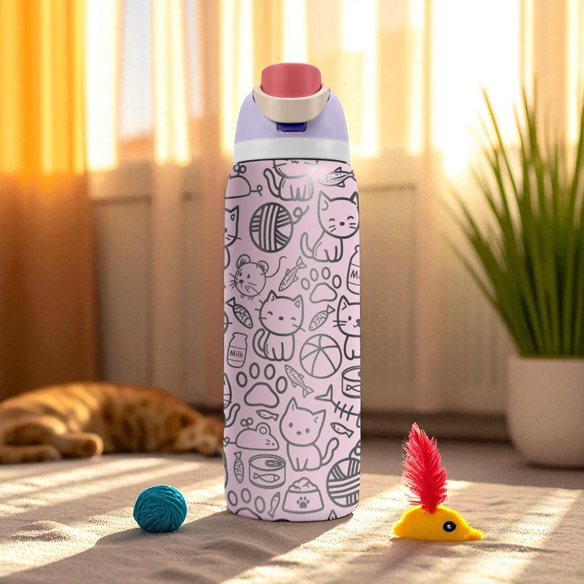 Engraved Cat Tumbler – Cute Pink Owala Bottle with Kawaii Kitty Design – Laser Engraved Cup for Cat Lovers – 16oz 24oz 32oz 40oz