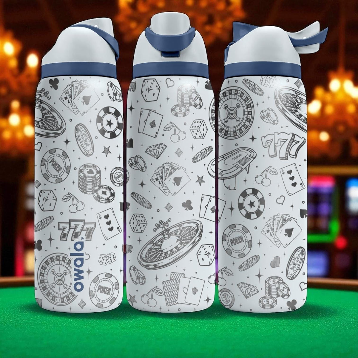 Casino Engraved Owala Tumbler – Poker Dice Roulette 40oz 32oz 24oz Water Bottle – Vegas Lover Gift for Him or Her