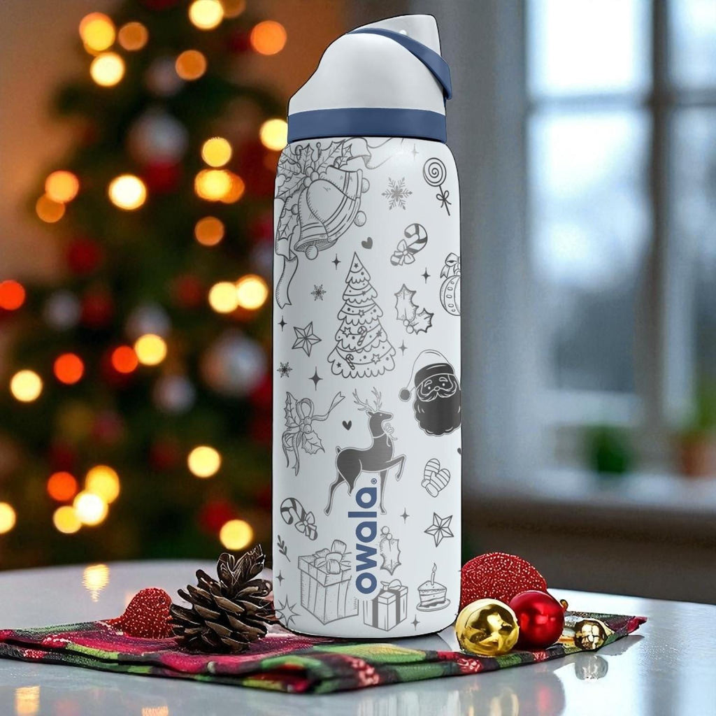 Christmas Owala Engraved Tumbler – Holiday Laser Gift – Santa, Tree, Gifts, Snowman Design – 40oz 32oz 24oz Bottle
