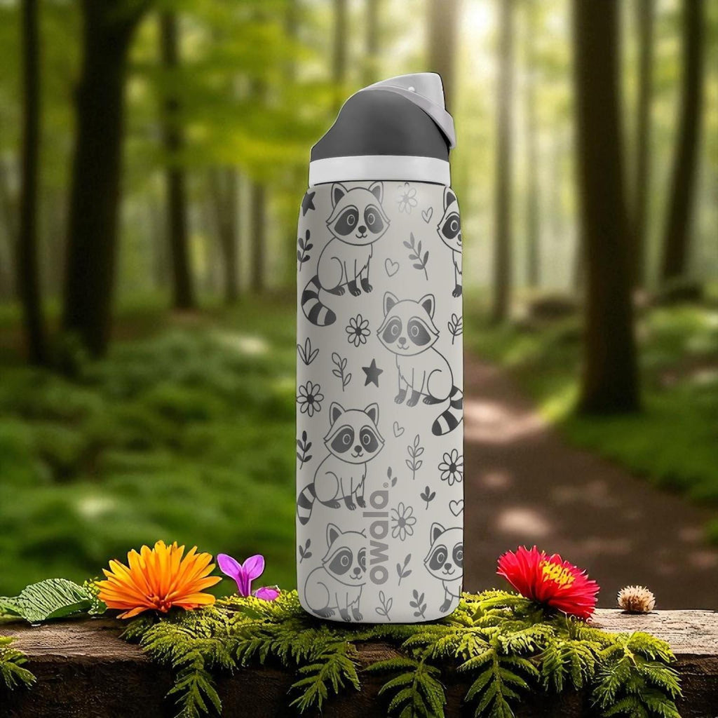 Engraved Raccoon Water Bottle – Owala Tumbler with Cute Forest Raccoons and Flowers – 16oz 24oz 32oz 40oz Animal Lover Gift