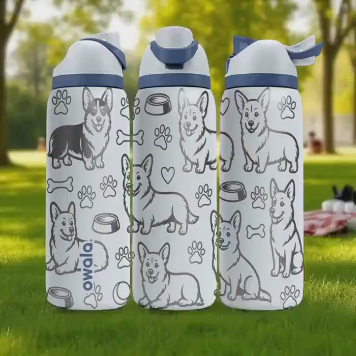 Corgi Engraved Owala Bottle – Cute Dog Gift with Paws and Bones – 16oz 24oz 32oz 40oz Personalized Water Bottle for Dog Lovers