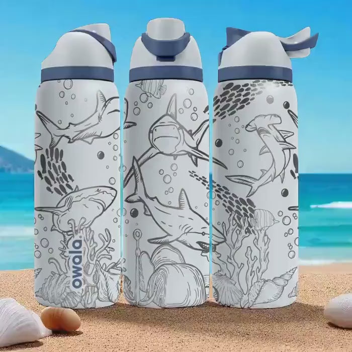 Shark Engraved Owala Tumbler – 16oz 24oz 32oz 40oz Sea Life FreeSip Cup with Coral Reef Design – Gift for Marine Lovers