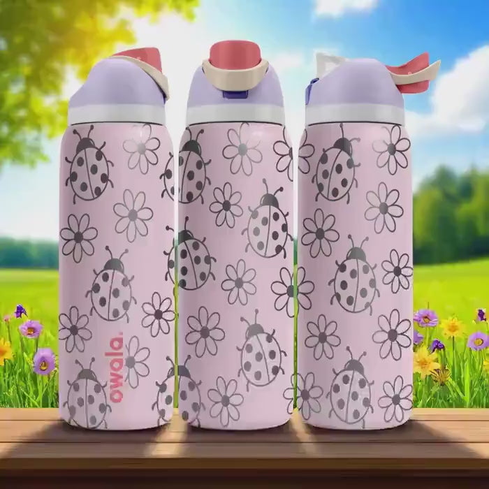 Engraved Ladybug Tumbler – Pink Owala Water Bottle with Flowers and Ladybugs – Cute Summer Cup – 16oz 24oz 32oz 40oz