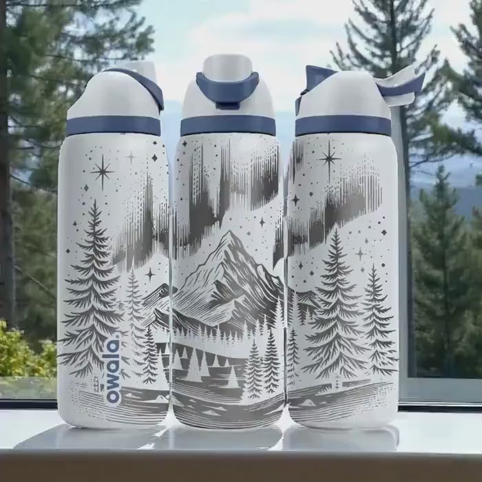 Northern Lights Owala Bottle – Engraved Mountain and Stars Wrap – Stainless Steel Cup 16oz 24oz 32oz 40oz