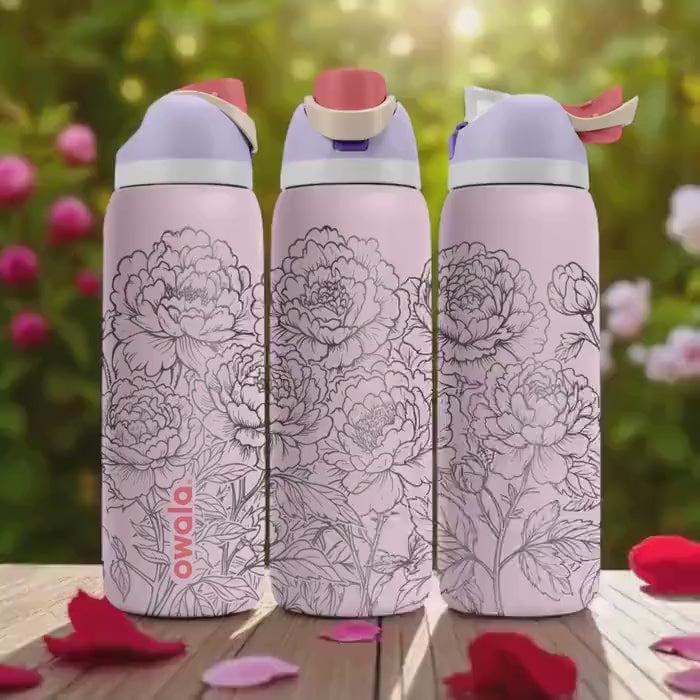 Peony Flower Engraved Owala Tumbler – 16oz 24oz 32oz 40oz Pink Floral Cup – Elegant Gift for Her – Aesthetic Stainless Steel Bottle