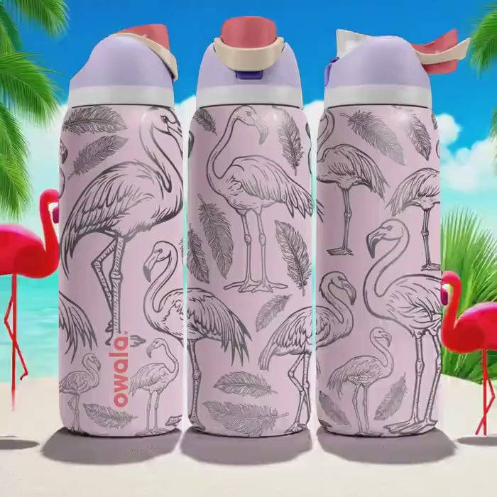 Flamingo Engraved Owala Tumbler – 16oz 24oz 32oz 40oz Tropical FreeSip Cup with Feathers – Summer Gift for Her