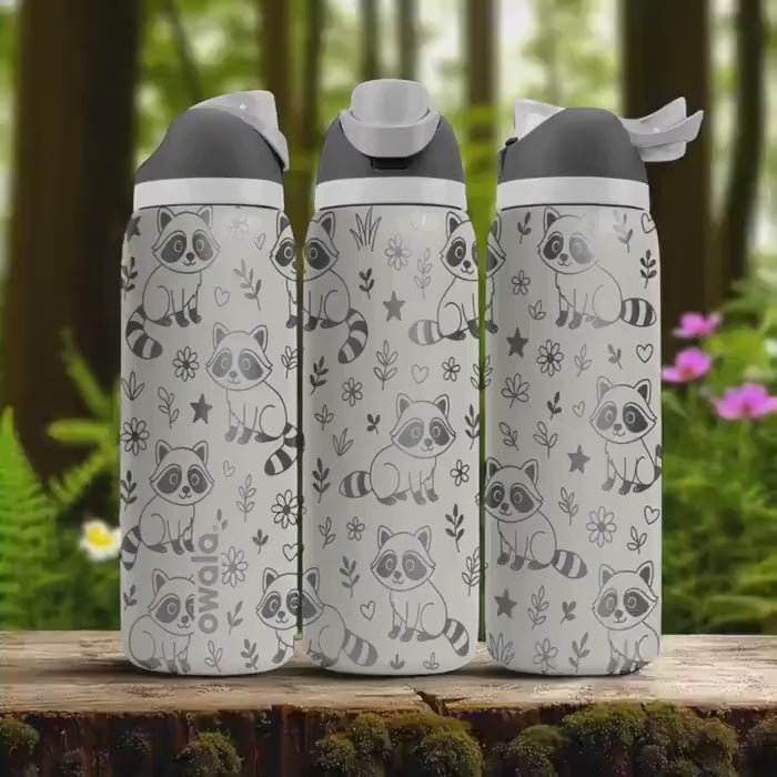 Engraved Raccoon Water Bottle – Owala Tumbler with Cute Forest Raccoons and Flowers – 16oz 24oz 32oz 40oz Animal Lover Gift