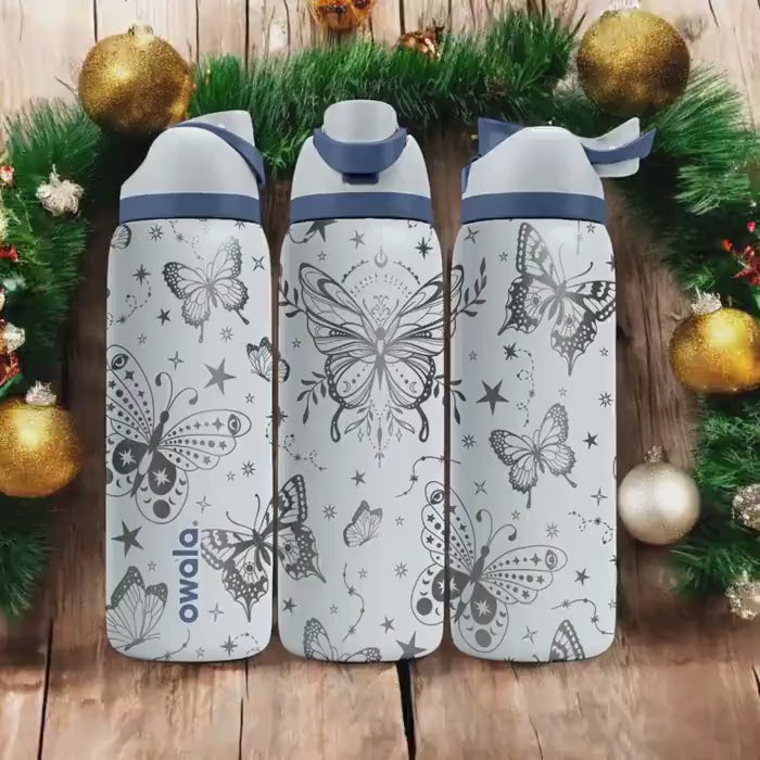 Butterflies Engraved Owala Bottle – Elegant Floral and Star Pattern – Magical Holiday Gift Stainless Cup 16oz 24oz 32oz 40oz