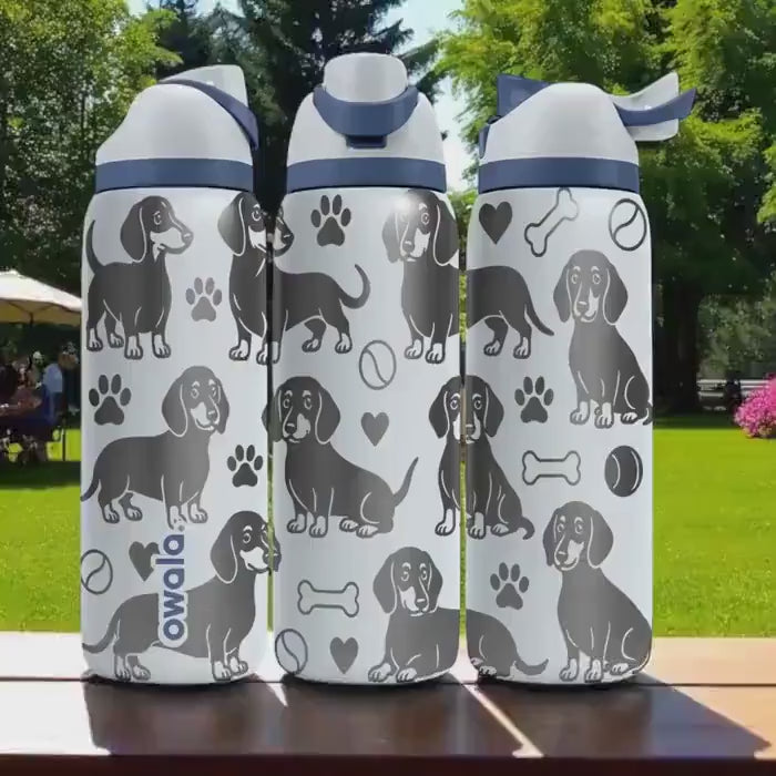Dachshund Engraved Owala Water Bottle – Cute Wiener Dog Gift with Paws and Bones – 16oz 24oz 32oz 40oz for Doxie Lovers