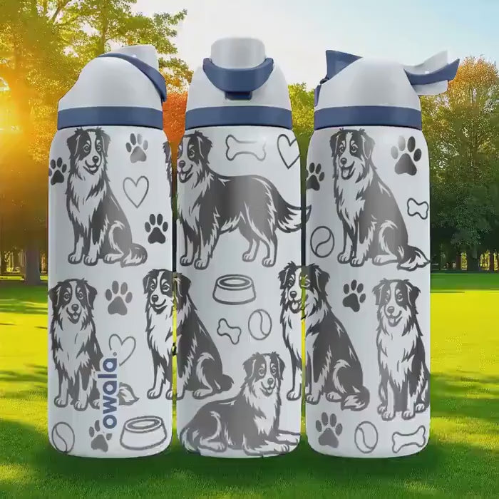 Engraved Australian Shepherd Bottle – Cute Owala Tumbler with Dog, Paws, and Toys – 16oz 24oz 32oz 40oz Gift for Dog Lovers