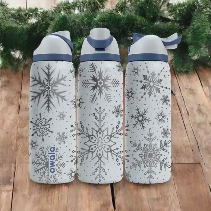 Snowflake Engraved Owala Bottle – Elegant Winter Pattern – Christmas Gift Stainless Cup 16oz 24oz 32oz 40oz
