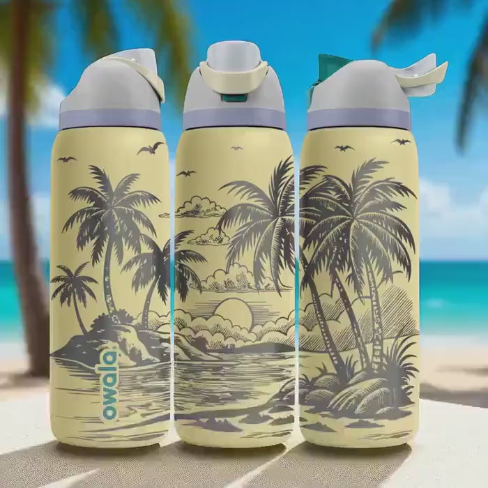 Tropical Island Engraved Owala Tumbler – Palm Trees Sunset Beach Scene – Summer Gift – 40oz 32oz 24oz Bottle
