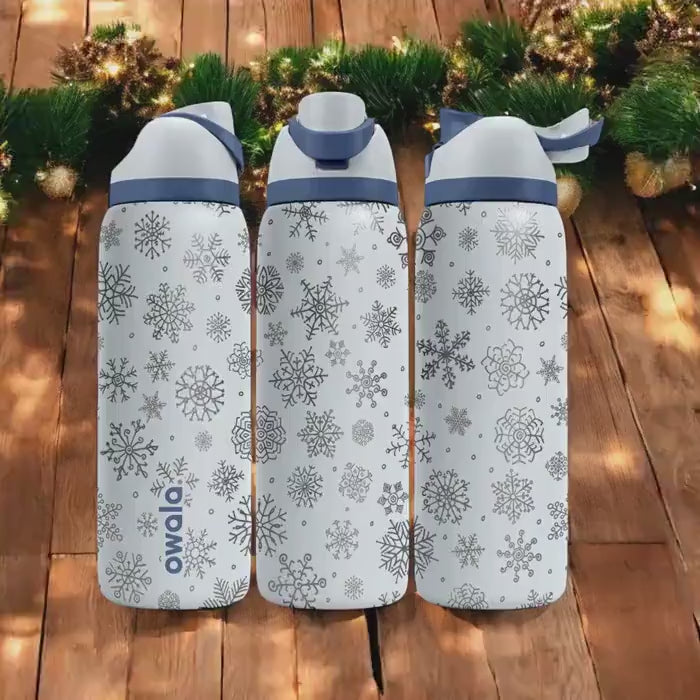 Minimal Snowflakes Engraved Owala Bottle – Winter Pattern Stainless Steel Cup – Elegant Christmas Gift 16oz 24oz 32oz 40oz