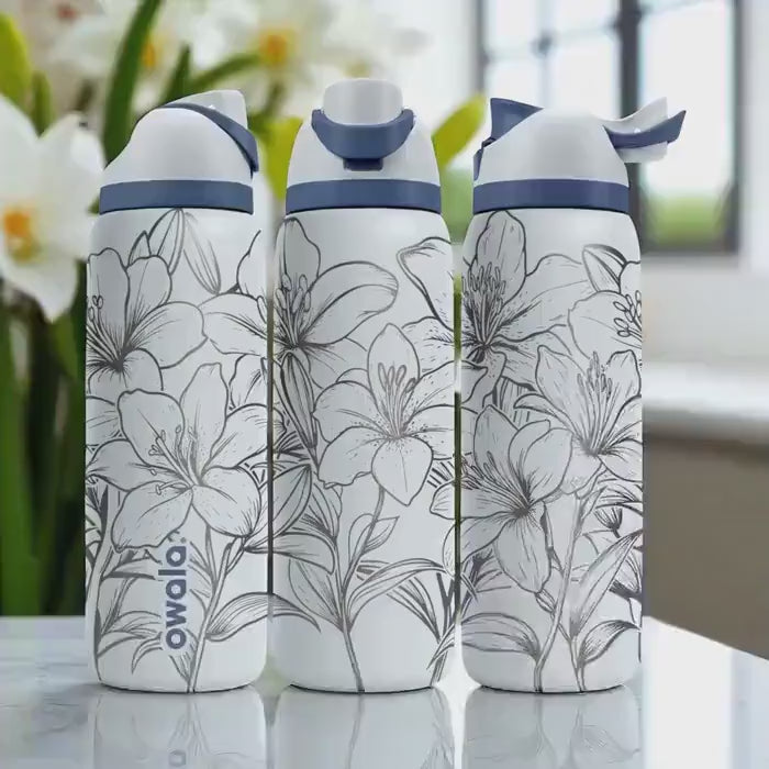 Engraved Lily Tumbler – Elegant Floral Owala Bottle – White Water Bottle with Laser Flower Design – 16oz 24oz 32oz 40oz