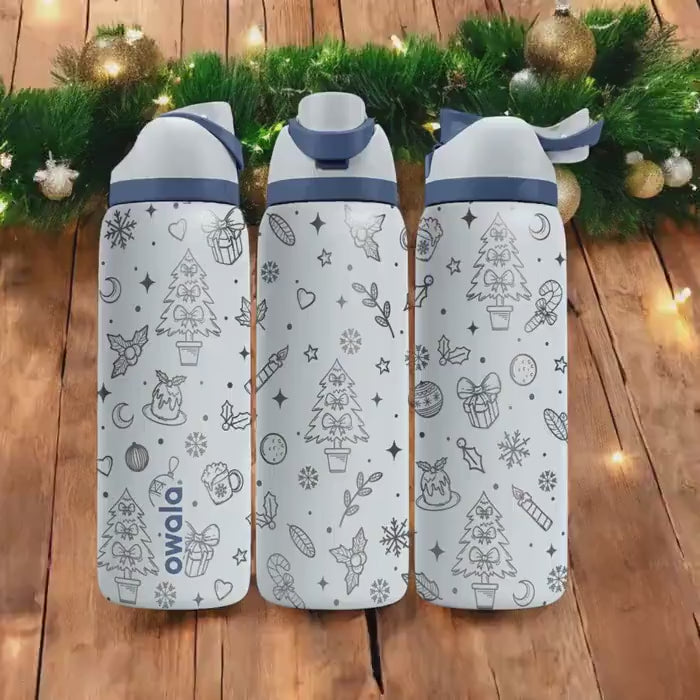 Christmas Tree Engraved Owala Bottle – Cozy Holiday Pattern with Gifts and Snowflakes – Winter Gift Stainless Cup 16oz 24oz 32oz 40oz