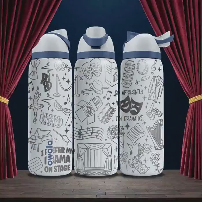 Theatre Engraved Owala Bottle – Drama Masks, Stage Props & Musical Icons – Performer Gift Stainless Cup 16oz 24oz 32oz 40oz  ⸻