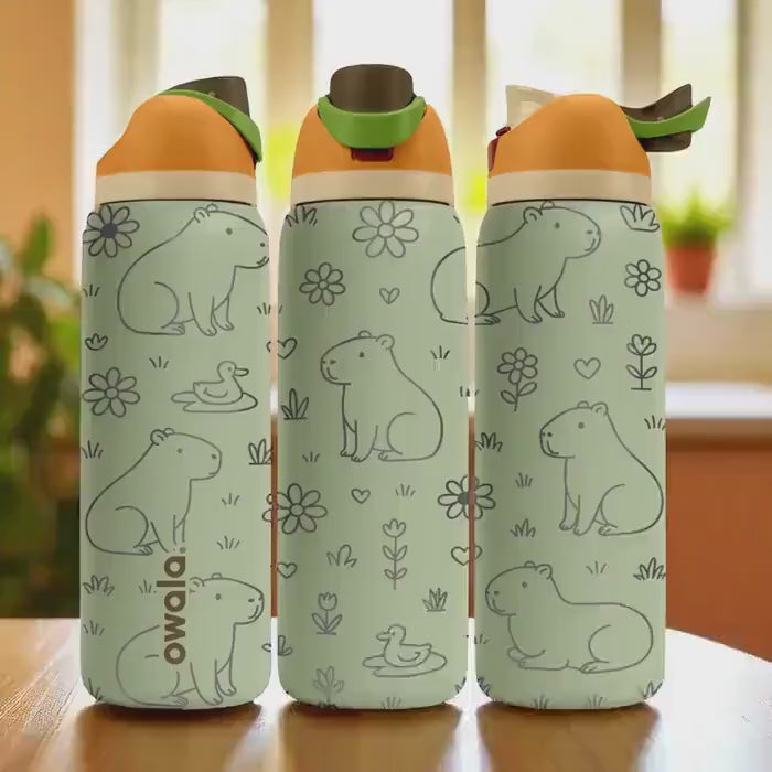 Engraved Capybara Water Bottle – Cute Owala Tumbler with Flowers and Ducks – 16oz 24oz 32oz 40oz Gift for Animal Lovers