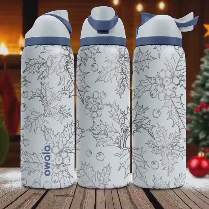Holly Leaves Engraved Owala Tumbler – Christmas Winter Gift 40oz 32oz 24oz – Holiday Berries Laser Etched Cup