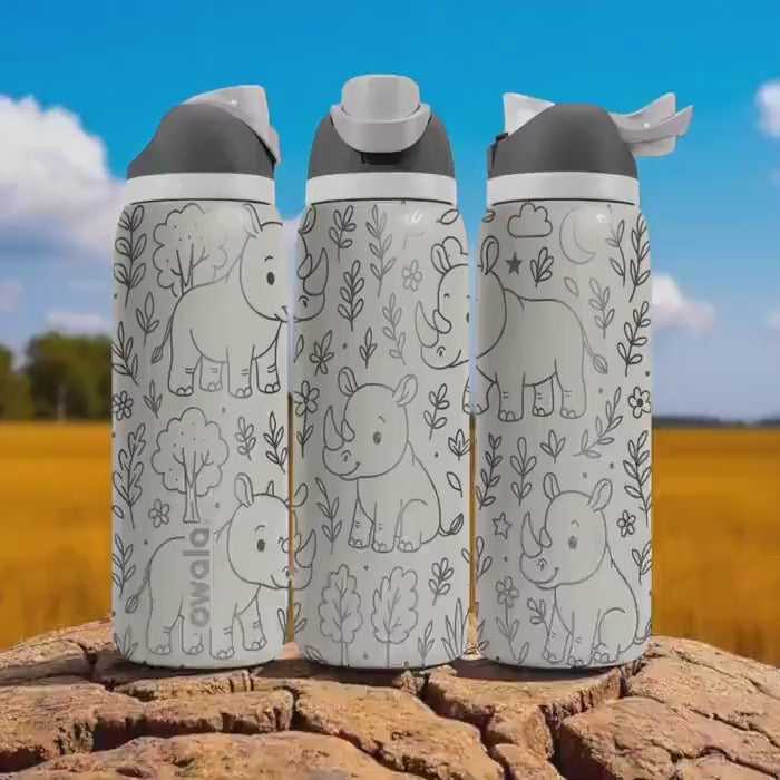 Cute Rhino Owala Bottle – 16oz 24oz 32oz 40oz Engraved Safari Cup – Jungle Animal Gift – Wildlife Tumbler for Kids Boys Girls