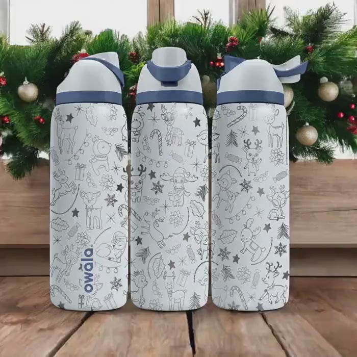 Cute Reindeer Engraved Owala Bottle – Adorable Holiday Pattern with Candy Canes and Gifts – Christmas Gift Stainless Cup 16oz 24oz 32oz 40oz