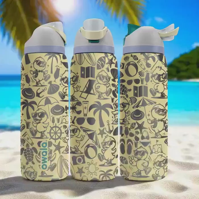 Engraved Duck Beach Tumbler – Summer Vibes Owala Bottle with Cute Duck Design – Fun Sand Color Cup – 16oz 24oz 32oz 40oz