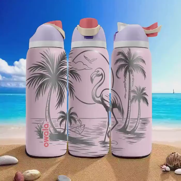 Engraved Flamingo Beach Owala Bottle – Tropical Sunset Palm Tree Tumbler – 16oz 24oz 32oz 40oz Summer Gift