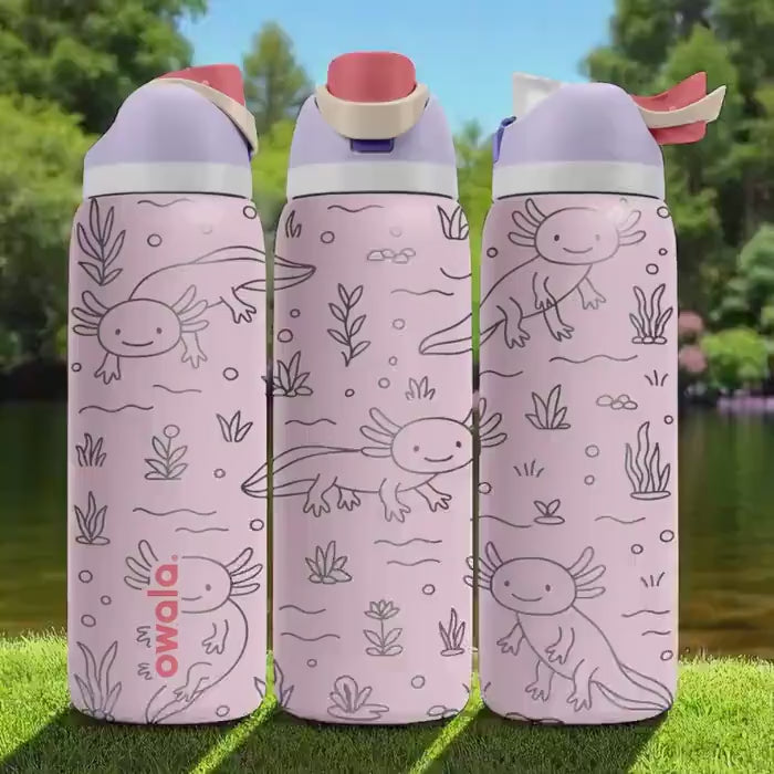 Engraved Axolotl Owala Bottle – Cute Pink Underwater Tumbler with Plants and Bubbles – 16oz 24oz 32oz 40oz