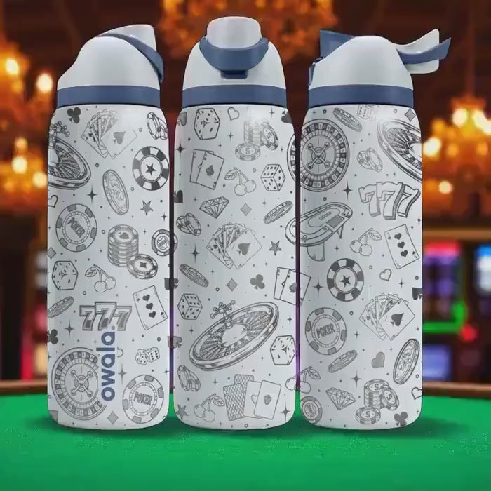 Casino Engraved Owala Tumbler – Poker Dice Roulette 40oz 32oz 24oz Water Bottle – Vegas Lover Gift for Him or Her