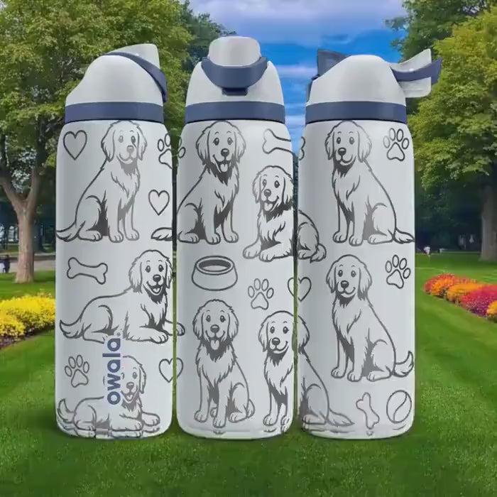 Engraved Golden Retriever Bottle – Cute Owala Dog Tumbler with Paws and Toys – 16oz 24oz 32oz 40oz Gift for Pet Lovers