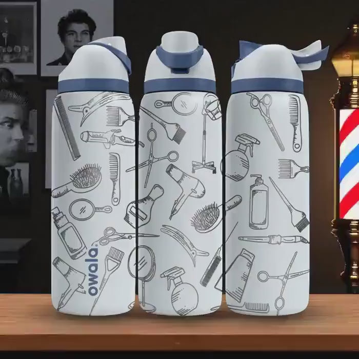Barber Theme Engraved Tumbler – 16oz 24oz 32oz 40oz – Hair Stylist Gift Bottle – Owala Cup with Scissors, Brushes and Clippers
