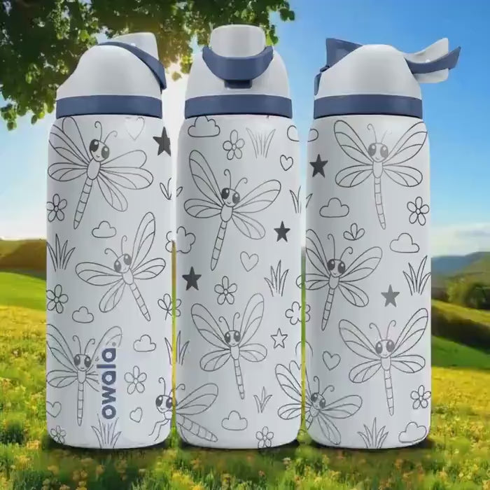 Engraved Dragonfly Water Bottle – Cute Owala Tumbler with Flowers and Stars – 16oz 24oz 32oz 40oz Gift for Nature and Bug Lovers