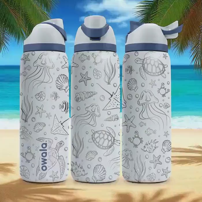 Ocean Creatures Engraved Owala Tumbler – Jellyfish, Turtle and Shells – Beach Gift Idea – 40oz 32oz 24oz Bottle