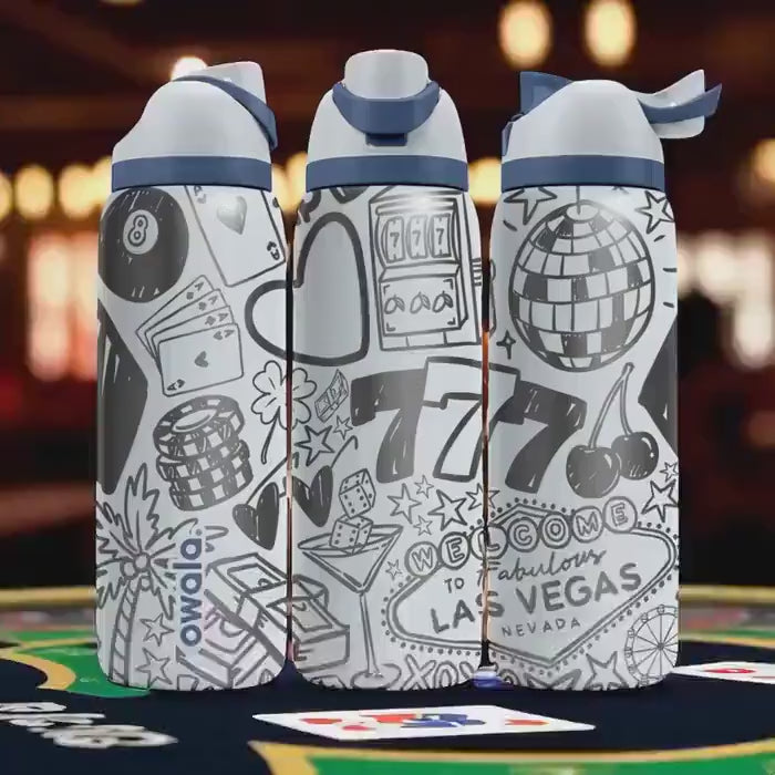 Engraved Vegas Tumbler – Owala Water Bottle with Casino Design – Dice and Slot Machine Art – 16oz 24oz 32oz 40oz