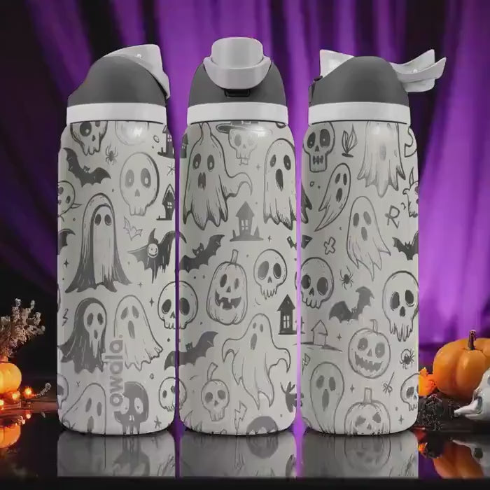 Engraved Halloween Tumbler – Owala Bottle with Ghosts, Bats and Skulls – Spooky Fall Water Bottle – 16oz 24oz 32oz 40oz