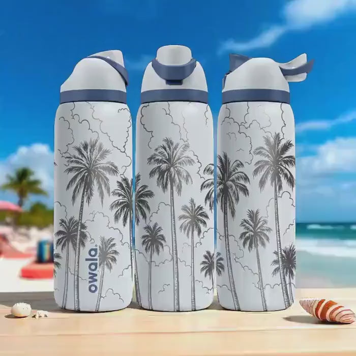 Engraved Palm Tree Tumbler – Owala Water Bottle with Tropical Clouds Design – 16oz 24oz 32oz 40oz