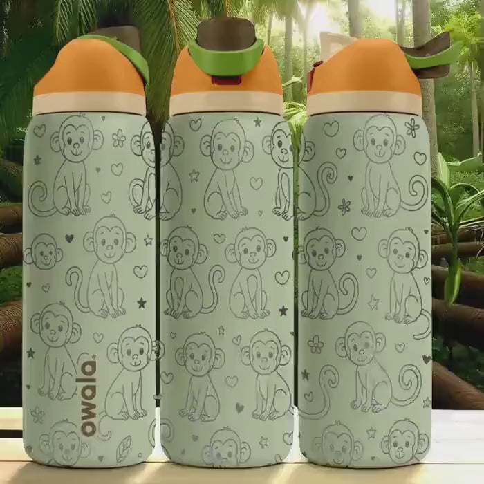 Engraved Monkey Water Bottle – Cute Owala Tumbler with Jungle Vibes and Hearts – 16oz 24oz 32oz 40oz Gift for Kids and Animal Lovers