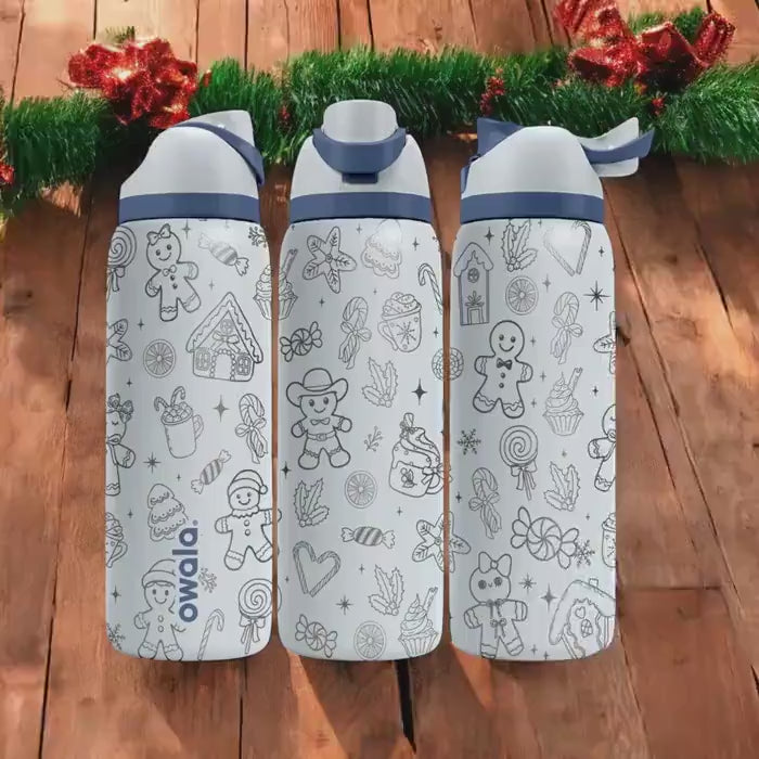 Gingerbread Man Engraved Owala Bottle – Holiday Cookie and Candy Pattern – Christmas Gift Stainless Cup 16oz 24oz 32oz 40oz