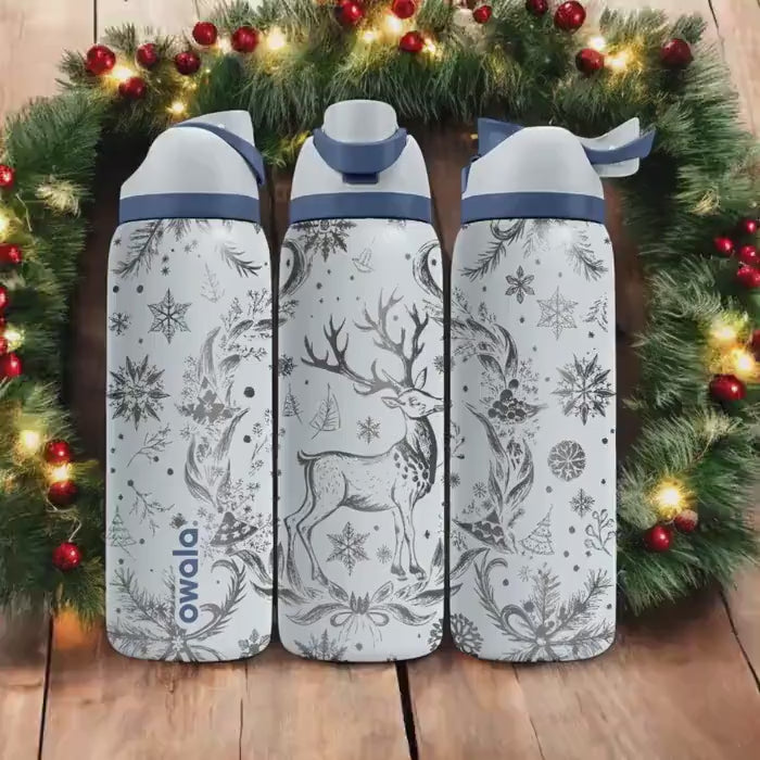 Reindeer Engraved Owala Bottle – Elegant Winter Forest Design with Snowflakes – Christmas Gift Stainless Cup 16oz 24oz 32oz 40oz